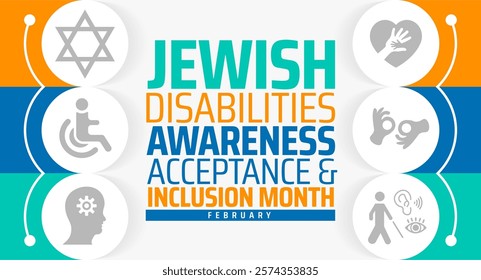 Jewish Disabilities Awareness, Acceptance and Inclusion Month background banner or poster design template. observed every year in February. Holiday concept. Use to any Template, card, poster, placard.