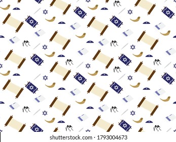 Jewish elements seamless background - Torah scroll, Torah hand, Tallit, Star of David, Tefillin, and Shofar on White Background