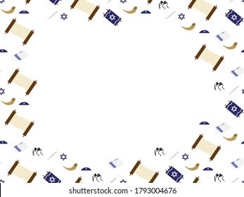 Jewish elements seamless border - Torah scroll, Torah hand, Tallit, Star of David, Tefillin, and Shofar on White Background