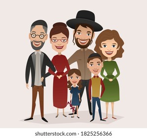 Jewish family. Boy, girl kids mother woman, father man parents, grandmother, grandfather Jew in kippah standing together. Wife, husband person with children. Jewish family portrait vector illustration