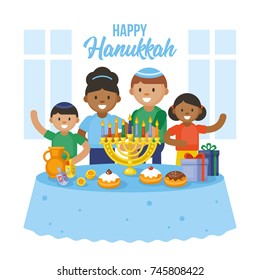 Jewish family celebrating Hanukkah holiday. Flat style vector illustration.