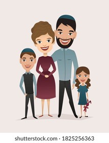 Jewish family with children. Boy, girl kids mother woman and father man parents standing together. Wife, husband Jew person in kippah. Jewish family portrait vector illustration