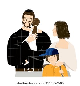 Jewish family. Cute vector illustration with dad in black shirt, mom and kids. Picture for printing, design, postcards, books, decoration.