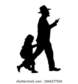 Jewish family. Father and daughter. Silhouette. Vector illustration of isolated background. Orthodox. The man in the hat.