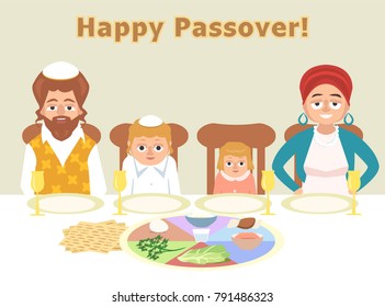 Jewish Family At Feast Of Passover - Greeting Cart Vector Cartoon Illustration In Flat Style