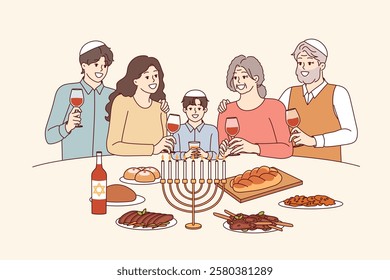 Jewish family at festive table with minor, drinks red wine and eats traditional food. Jewish religious holiday is celebrated by israeli residents of different generations and ages.