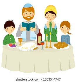 Jewish family having a Shabbat dinner. Hebrew text says Shabbat Shalom (Shabbat of peace).