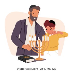 Jewish family lighting holy Hanukkah menorah candles celebrating sacred religious tradition vector illustration. Father and toddler son honor igniting candlelight holiday ceremony isolated on white