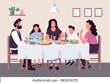 Jewish family meal flat color vector illustration. Parents with children at table to eat traditional dinner together. Jew relatives 2D cartoon characters with house interior on background