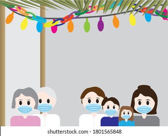 Jewish family - Parents, children and grandparents, in a Sukkah, wearing Blue surgical face masks