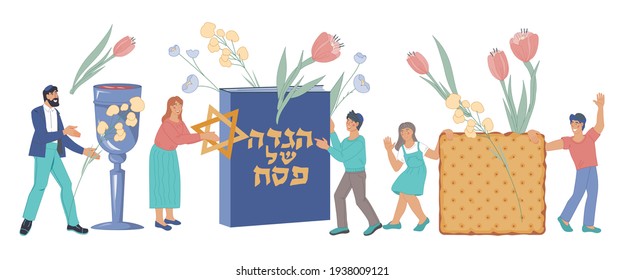 Jewish Family Tiny Characters Celebrating Passover Holiday. Design For Passover Spring Festival Text On Hebrew On Book Means Pesach Tale, Flat Vector Illustration On White Background.