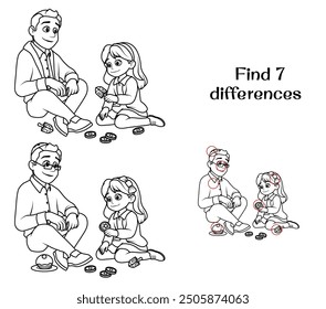 Jewish father and daughter playing dreidel on Hanukkah. Find 7 differences. Tasks for kids. Vector illustration