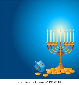 Jewish festival of Hanukkah/Chanukah Background, including Menorah, dreidls/sevivot and Hanukkah Gelt