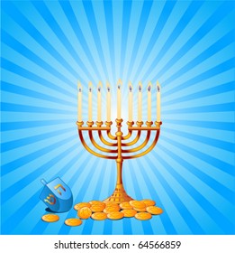 Jewish festival of Hanukkah/Chanukah Background, including Menorah, dreidls/sevivot and Hanukkah Gelt