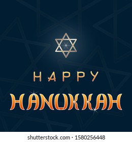 The Jewish festival of lights - Happy Hanukkah. Square greeting card dark blue background. Star of David and text with a gradient.