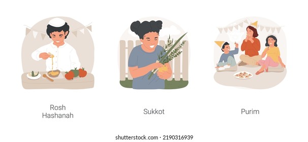 Jewish Festivals Isolated Cartoon Vector Illustration Set. Rosh Hashanah, Jewish New Year Celebration, Girl Preparing For Sukkot, Feast Of Ingathering, Purim Traditional Meal Vector Cartoon.