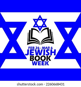 Jewish flag symbol with book icon and bold text on white background to commemorate Jewish Book Week on February 26-March 6