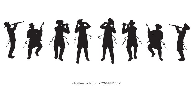 Jewish followers dancing, playing and singing.
Flat vector silhouettes. Black on a white background.
The figures are dressed in long coats and sashes fluttering to the sides as they move svg