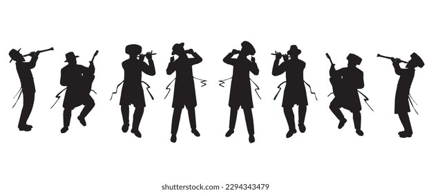 Jewish followers dancing, playing and singing.
Flat vector silhouettes. Black on a white background.
The figures are dressed in long coats and sashes fluttering to the sides as they move