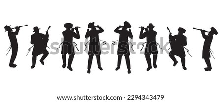 Jewish followers dancing, playing and singing.
Flat vector silhouettes. Black on a white background.
The figures are dressed in long coats and sashes fluttering to the sides as they move ストックフォト © 