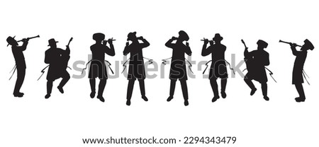 Jewish followers dancing, playing and singing.
Flat vector silhouettes. Black on a white background.
The figures are dressed in long coats and sashes fluttering to the sides as they move