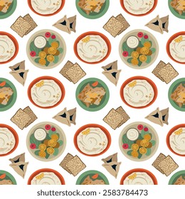 Jewish food seamless pattern. Hummus, matzo, falafel in clip art style. Vector illustration for Jewish restaurant menu cover design, kitchen textile, wrapping paper, packaging