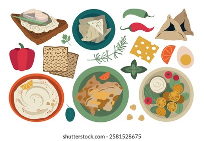 Jewish food set. Falafel, hummus, matzo, kreplach, hamantaschen and other Jewish dishes. Vector illustration in clip art style. Each element is isolated