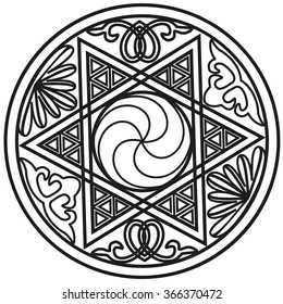 Jewish geometric ornament. Sacred geometry sign. Abstract vector pattern. Mystic badge. Hexagon logo. Mandala illustration. Magic ornament. Design element