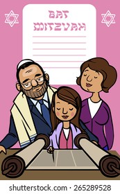 jewish girl and her parents reading Torah on bat mitzvah ceremony