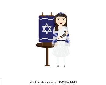 Jewish Girl Near Torah Scroll