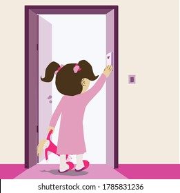 A Jewish Girl, Observant Of Torah And Mitzvos, Religious, Orthodox, Dressed In Modest Pajamas, Socks And Slippers, Kisses The Mezuzah (a Jewish Guardian Object).
Cute Vector Drawing