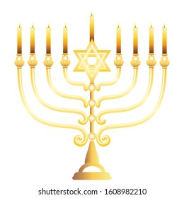 Jewish golden menorah with candles for Hanukkah, Jewish festival of lights decoration symbol.