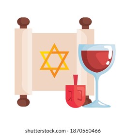 jewish golden star hanukkah in patchment with dreidel and wine cup vector illustration design