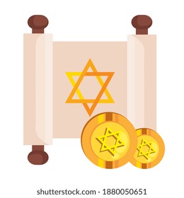 jewish golden star hanukkah in patchment and coins vector illustration design