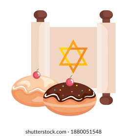 jewish golden star hanukkah in patchment and sweet donuts vector illustration design