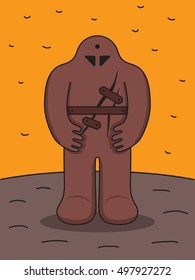 Jewish Golem. Medieval City Legend From Prague. Giant Clay Monster. Vector Illustration