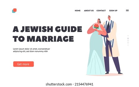 Jewish Guide to Marriage Landing Page Template. Jew Newlywed Man and Woman Wear Festive Dresses Celebrate Wedding Ceremony, Groom and Bride with Flowers Couple. Cartoon People Vector Illustration