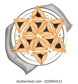 Jewish Hamantaschen cookies with poppy seeds laid out on a plate in the shape of David Star top view,design element for Purim holiday vector hand drawn illustration.Jewish traditional pastry