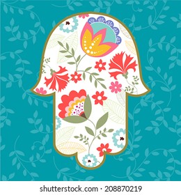 Jewish hamsa hand amulet with flowers ornament