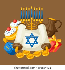Jewish Hanukkah celebration card with holiday objects.