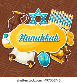 Jewish Hanukkah celebration card with holiday sticker objects.