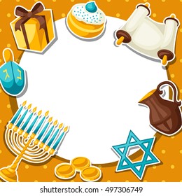 Jewish Hanukkah celebration card with holiday sticker objects.