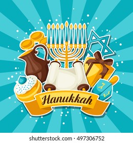 Jewish Hanukkah celebration card with holiday sticker objects.