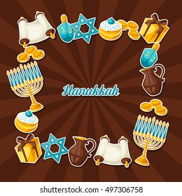 Jewish Hanukkah celebration frame with holiday sticker objects.