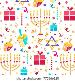 Jewish Hanukkah celebration pattern with David stars, menorah, dreidel and gift. Holiday template set for cards, banners, background. Hanukkah seamless pattern with sparkles on white background.