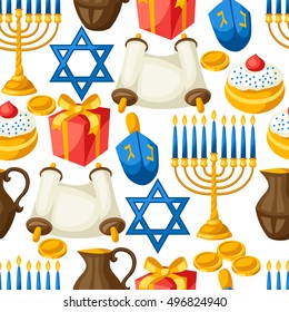 Jewish Hanukkah celebration seamless pattern with holiday objects.