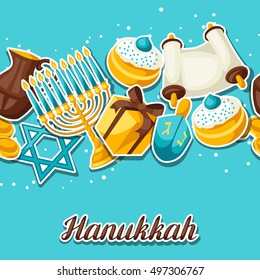 Jewish Hanukkah celebration seamless pattern with holiday sticker objects.