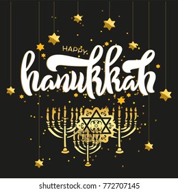 Jewish Hanukkah celebration template with David stars and menorah. Holiday template for cards, banners, background. Calligraphy design style, lettering. Hanukkah typography design with gold elements.