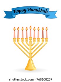 Jewish Hanukkah festival greeting card. Menorah icon isolated on white background. Vector illustration. Congratulatory inscription on the blue ribbon. Usable for design, invitation, banner, background