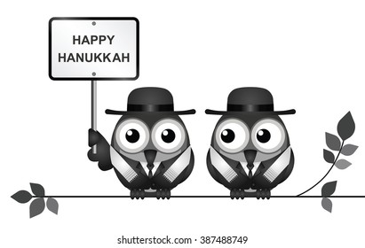 Jewish Hanukkah Festival of Lights or Feast of Dedication with Jewish Rabi birds perched on a branch isolated on white background